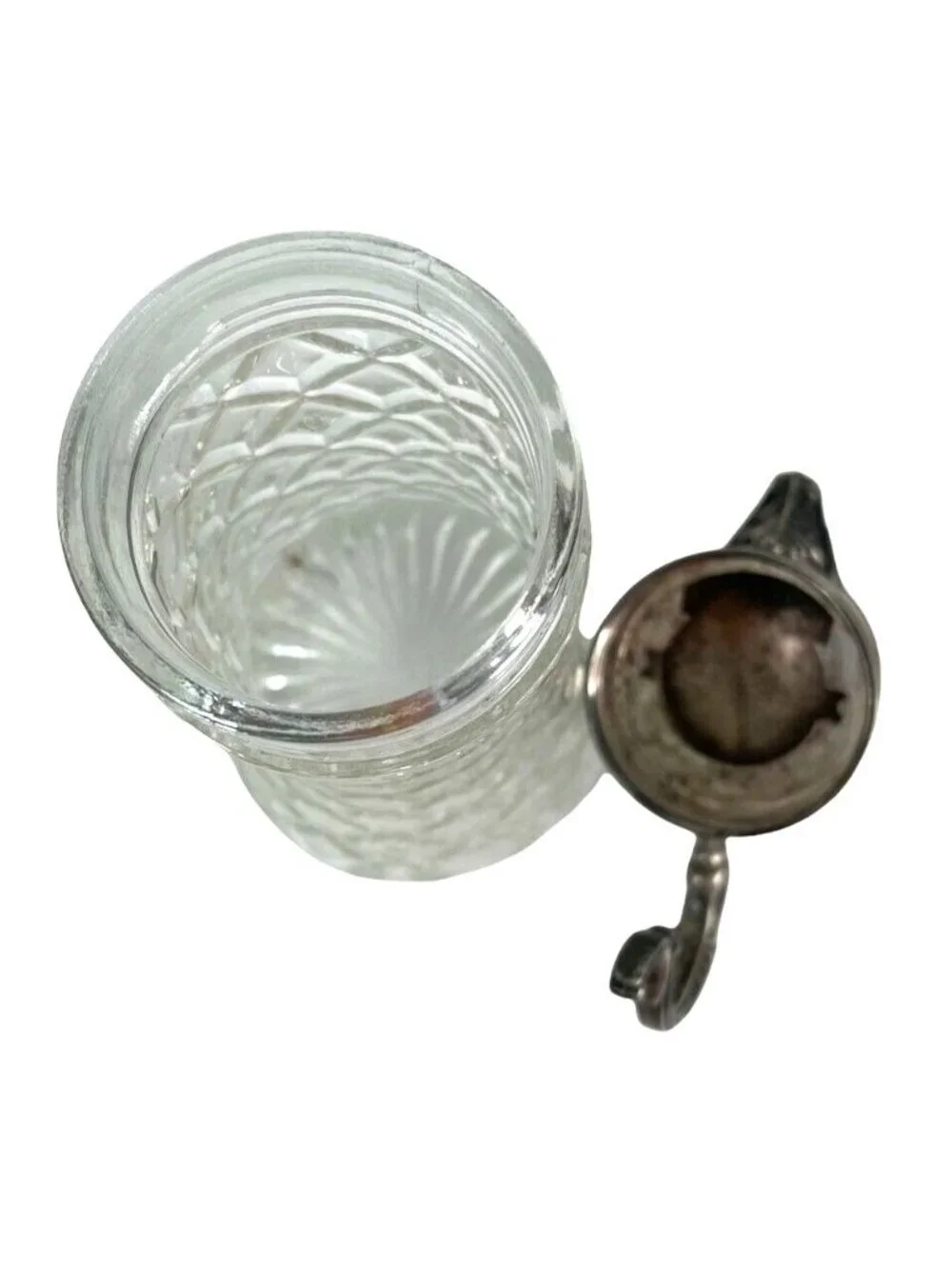 Vintage Glass Claret Carafe Pitcher Ewer Diamond Cut Silver Plate Lid Handle 14